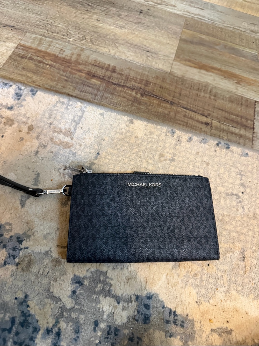 Michael Kors Black MK Logo Wristlet with Silver Hardware
